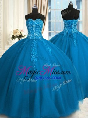 Glorious Appliques and Embroidery Quinceanera Gown Teal Lace Up Sleeveless Floor Length