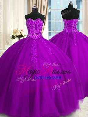 Fashionable Sleeveless Floor Length Appliques and Embroidery Lace Up Quinceanera Gowns with Purple