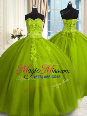 Extravagant Olive Green Ball Gowns Tulle Sweetheart Sleeveless Embroidery Floor Length Lace Up 15th Birthday Dress