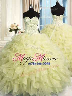 Inexpensive Organza Sweetheart Sleeveless Lace Up Beading and Ruffles Quinceanera Gown in Yellow