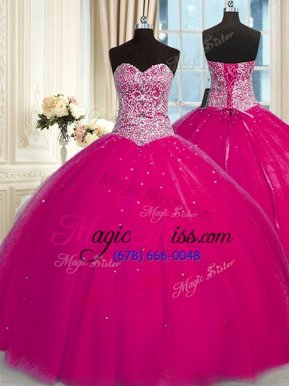 Fitting Fuchsia Lace Up Halter Top Beading and Sequins Vestidos de Quinceanera Tulle Sleeveless
