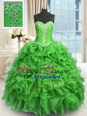 Graceful Green Lace Up 15th Birthday Dress Beading and Ruffles Sleeveless Floor Length