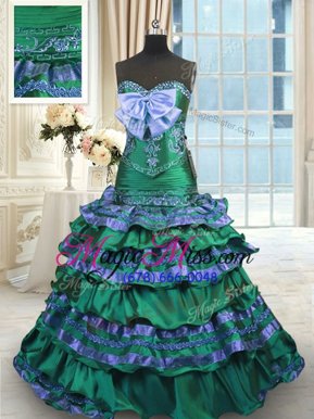 Best Selling Mermaid Sleeveless Brush Train Lace Up Appliques and Embroidery and Ruffled Layers and Bowknot Quinceanera Dresses