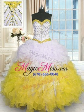 Glorious Yellow And White Organza Lace Up Sweet 16 Dress Sleeveless Floor Length Beading and Ruffles