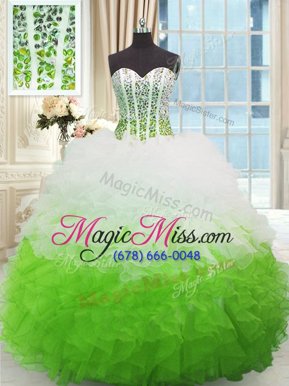 Modern White and Green Ball Gown Prom Dress Military Ball and Sweet 16 and Quinceanera and For with Beading and Ruffles Sweetheart Sleeveless Lace Up