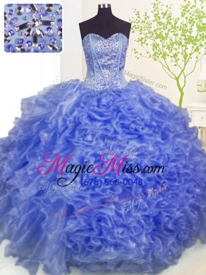 Dramatic Lilac Lace Up Quince Ball Gowns Beading and Ruffles and Pick Ups Sleeveless Floor Length