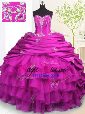 Shining Fuchsia Strapless Lace Up Beading and Appliques and Ruffled Layers and Pick Ups Quinceanera Gowns Brush Train Sleeveless