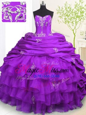 Elegant Beading and Appliques and Ruffled Layers and Pick Ups Quinceanera Gowns Purple Lace Up Sleeveless With Brush Train