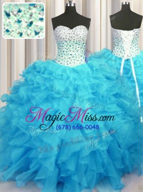 Most Popular Organza Sweetheart Sleeveless Lace Up Beading and Ruffles Ball Gown Prom Dress in Baby Blue