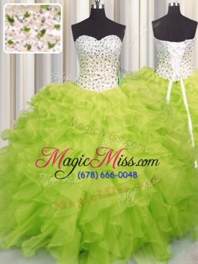 Romantic Floor Length Lace Up Quinceanera Dress Yellow Green and In for Military Ball and Sweet 16 and Quinceanera with Beading and Ruffles