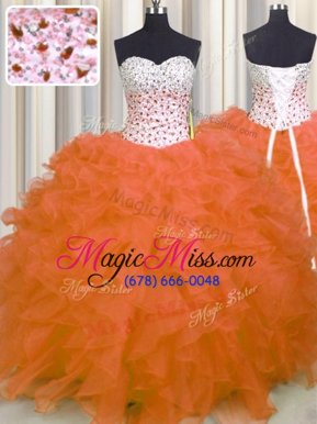 Fantastic Orange Ball Gowns Organza Sweetheart Sleeveless Beading and Ruffles Floor Length Lace Up Quinceanera Dresses