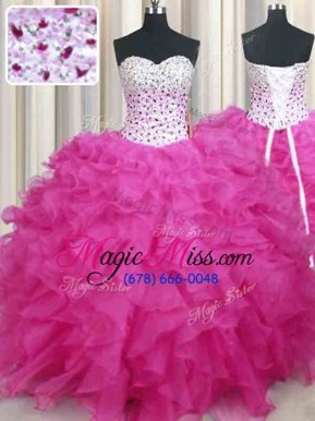 Admirable Halter Top Sleeveless 15 Quinceanera Dress Floor Length Beading and Ruffles Hot Pink Organza