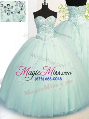 Unique Light Blue Tulle Lace Up Sweetheart Sleeveless Floor Length Quinceanera Gowns Beading and Appliques