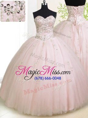 Latest Tulle Sleeveless Floor Length Quinceanera Gowns and Beading and Appliques