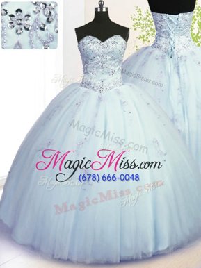 Free and Easy Light Blue Quinceanera Gowns Military Ball and Sweet 16 and Quinceanera and For with Beading and Appliques Sweetheart Sleeveless Lace Up