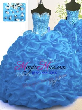 Pretty With Train Ball Gowns Sleeveless Blue 15th Birthday Dress Brush Train Lace Up