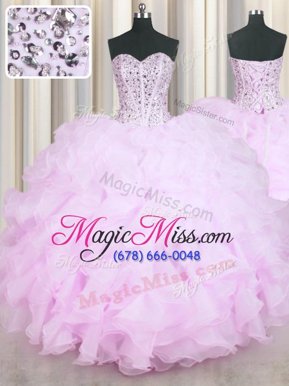 Lilac Mermaid Beading and Ruffles Sweet 16 Dress Lace Up Organza Sleeveless Floor Length