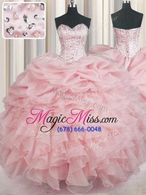 Shining Sleeveless Floor Length Beading and Ruffles Lace Up Sweet 16 Quinceanera Dress with Baby Pink