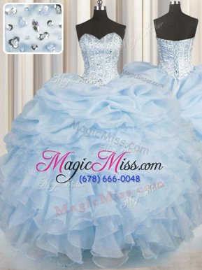 Flirting Light Blue Ball Gowns Sweetheart Sleeveless Organza Floor Length Lace Up Beading and Ruffles Quince Ball Gowns