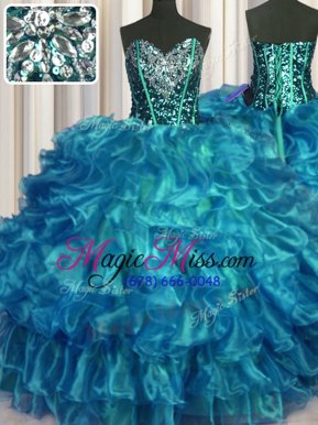 Unique Teal Ball Gowns Organza Sweetheart Sleeveless Beading and Ruffles Floor Length Lace Up Quinceanera Gowns
