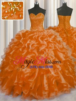 Glittering Ball Gowns 15 Quinceanera Dress Orange Sweetheart Organza Sleeveless Floor Length Lace Up