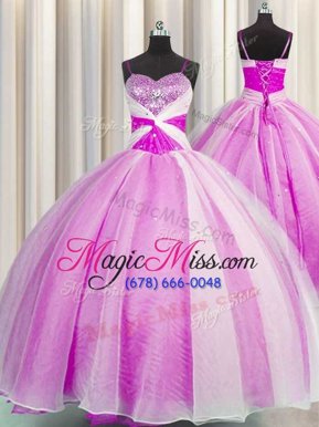 Wonderful Spaghetti Straps Fuchsia Organza Lace Up Quinceanera Dress Sleeveless Floor Length Beading and Sequins and Ruching