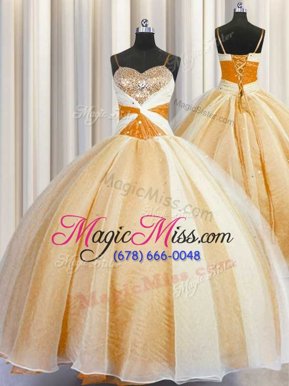 Amazing Spaghetti Straps Floor Length Lace Up Quinceanera Dresses Orange and In for Military Ball and Sweet 16 and Quinceanera with Beading and Ruching