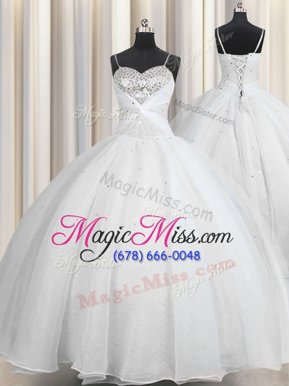Beauteous Ball Gowns Vestidos de Quinceanera White Spaghetti Straps Organza Sleeveless Floor Length Lace Up