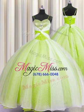 Sexy Yellow Green Vestidos de Quinceanera Military Ball and Sweet 16 and Quinceanera and For with Beading and Ruching Spaghetti Straps Sleeveless Lace Up