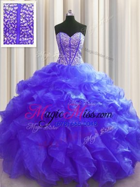 Beauteous Visible Boning Sweetheart Sleeveless Ball Gown Prom Dress Floor Length Beading and Ruffles Purple Organza