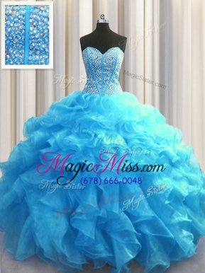 Dazzling Visible Boning Baby Blue Ball Gowns Beading and Ruffles Quinceanera Gown Lace Up Organza Sleeveless Floor Length