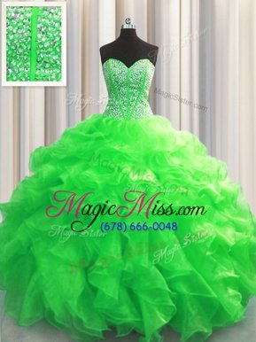Pretty Visible Boning Floor Length Green Sweet 16 Dresses Organza Sleeveless Beading and Ruffles