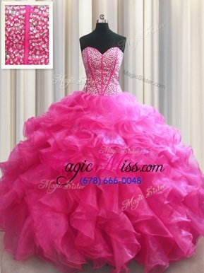 Charming Visible Boning Ball Gowns Sweet 16 Dresses Hot Pink Sweetheart Organza Sleeveless Floor Length Lace Up