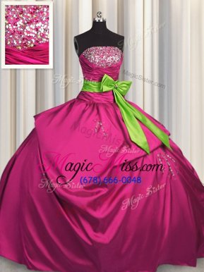 Edgy Fuchsia Sleeveless Beading and Ruching and Bowknot Floor Length Sweet 16 Quinceanera Dress