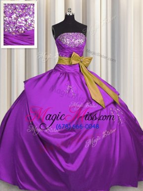 Cute Fuchsia Ball Gowns Strapless Sleeveless Satin Floor Length Lace Up Beading and Bowknot Sweet 16 Dress