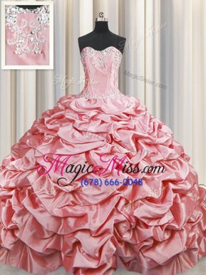 Baby Pink Ball Gowns Sweetheart Sleeveless Taffeta Brush Train Lace Up Beading and Pick Ups Quince Ball Gowns