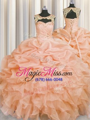Fabulous Scoop Pick Ups Floor Length Ball Gowns Sleeveless Peach 15 Quinceanera Dress Lace Up