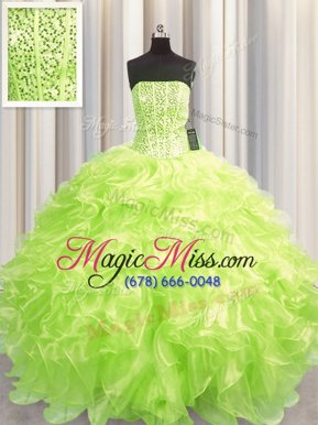 Chic Visible Boning Ball Gowns Quinceanera Gown Yellow Green Strapless Organza Sleeveless Floor Length Lace Up
