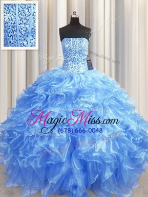 Fashion Visible Boning Beading and Ruffles Sweet 16 Dress Baby Blue Lace Up Sleeveless Floor Length