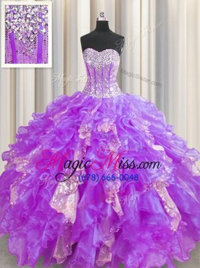 Ideal Visible Boning Sweetheart Sleeveless Sweet 16 Quinceanera Dress Floor Length Beading and Ruffles and Sequins Lavender Organza and Sequined