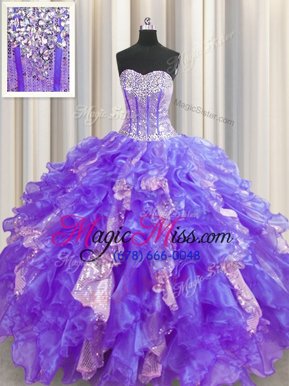 Modest Sequins Visible Boning Floor Length Purple Quinceanera Gowns Sweetheart Sleeveless Lace Up