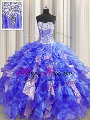 Hot Sale Visible Boning Royal Blue Sleeveless Floor Length Beading and Ruffles and Sequins Lace Up Vestidos de Quinceanera