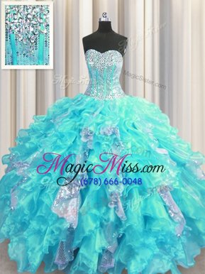 Visible Boning Floor Length Lace Up 15 Quinceanera Dress Aqua Blue and In for Military Ball and Sweet 16 and Quinceanera with Beading and Ruffles and Sequins