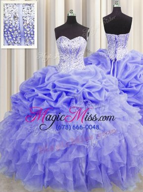 Perfect Visible Boning Lavender Organza Lace Up Sweet 16 Quinceanera Dress Sleeveless Floor Length Beading and Ruffles and Pick Ups