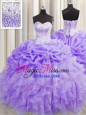 Elegant Visible Boning Floor Length Lace Up Quinceanera Dresses Lavender and In for Military Ball and Sweet 16 and Quinceanera with Beading and Ruffles and Pick Ups