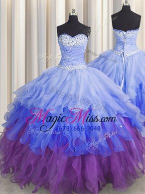 Customized Sweetheart Sleeveless Organza Quinceanera Dress Beading and Ruffles and Ruffled Layers and Sequins Zipper