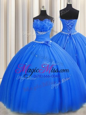 Trendy Handcrafted Flower Sleeveless Tulle Floor Length Lace Up Sweet 16 Dress in Blue for with Beading and Sequins and Hand Made Flower