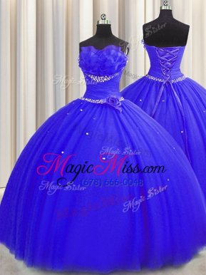 Fabulous Handcrafted Flower Floor Length Royal Blue 15th Birthday Dress Strapless Sleeveless Lace Up