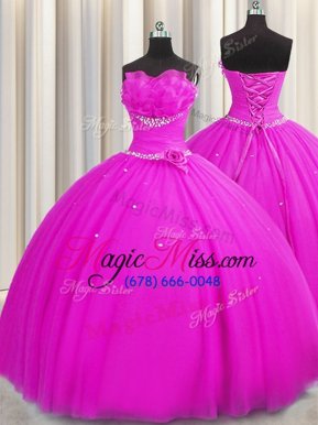Sumptuous Handcrafted Flower Beading and Sequins and Hand Made Flower Sweet 16 Quinceanera Dress Fuchsia Lace Up Sleeveless Floor Length