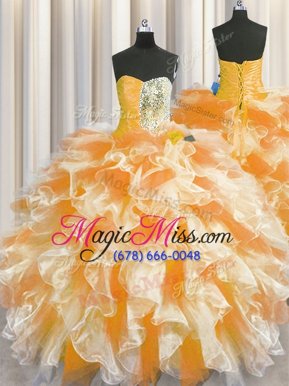 Romantic Orange Organza Lace Up Quinceanera Gowns Sleeveless Floor Length Beading and Ruffles